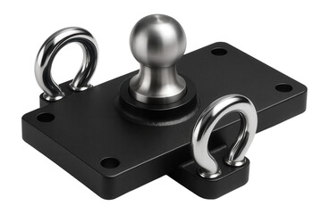 Gooseneck hitch with dual safety chain loops and a black powder-coated surface
