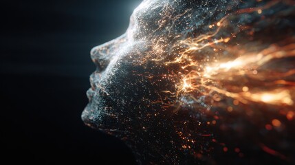 Mind's Spark: A close-up portrait of a person's face, a captivating display of intricate textures and luminous energy.