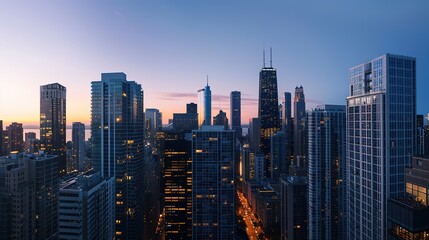 Obraz premium Urban Skyline Majesty: Breathtaking High-Rise Building Panoramas – Gleaming Glass Facades, Towering Steel Structures, Sunlit Skyline Silhouettes, and Sprawling City Views in Wide-Angle Photography for