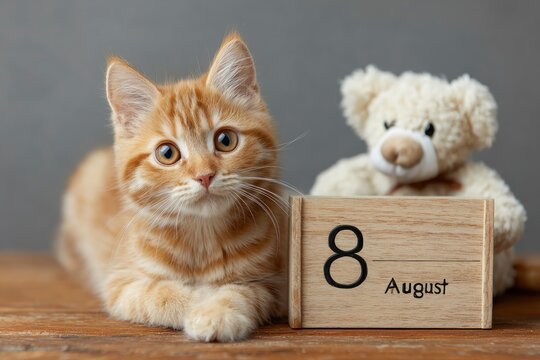 An orange tabby cat lies next to a wooden block calendar displaying 8 August with a small teddy bear behind - Powered by Adobe