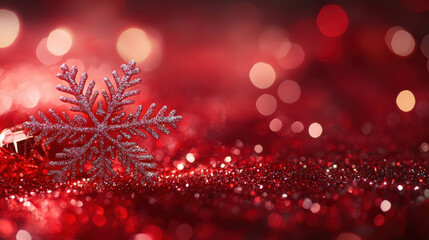 Fototapeta premium Beautiful red Christmas background with a snowflake and sparkling bokeh lights.
