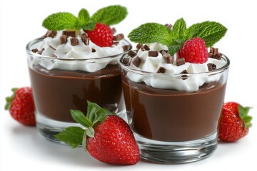 Two elegant dessert cups filled with rich chocolate mousse, garnished with whipped cream, chocolate shavings, fresh mint leaves, and strawberries. Perfect for a sweet indulgence.