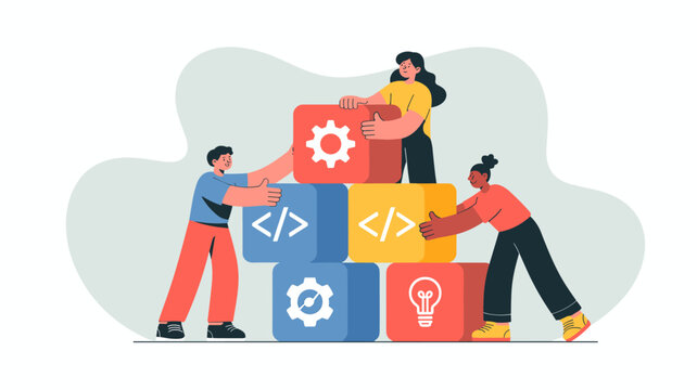 team of students stacking blocks with code icons vector illustration, building tech skills, collaborative software development and stem education