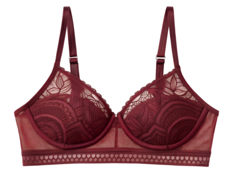 Burgundy lace bra closeup view feminine lingerie detail fashionable underwear adjustable straps delicate design womens apparel modern intimate clothing