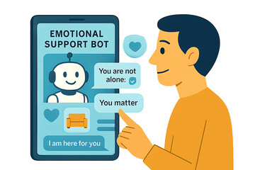 Man interacting with emotional support bot on smartphone for mental health assistance