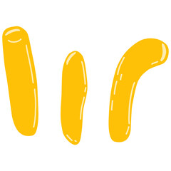 A simple and fun flat design illustration of yellow macaroni pasta with smooth curves, perfect for food-themed graphics and playful artwork.