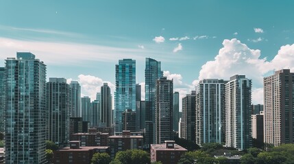 Obraz premium Urban Skyline Majesty: Breathtaking High-Rise Building Panoramas – Gleaming Glass Facades, Towering Steel Structures, Sunlit Skyline Silhouettes, and Sprawling City Views in Wide-Angle Photography for