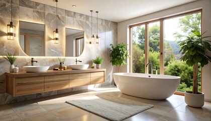 Stylish Bathroom Interior with Bathtub, Vanity, and Natural Light