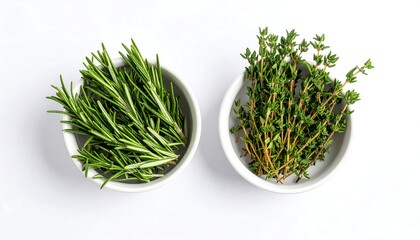 Fresh rosemary and thyme in small bowls