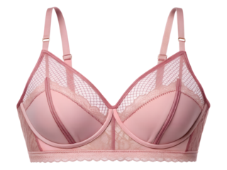 Elegant light pink bra with lace details and mesh top,on a clean background,promoting lingerie product
