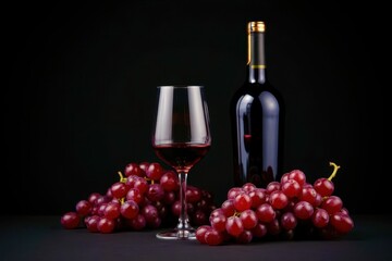 Fototapeta premium A bottle of wine and a wine glass are on a table with a bunch of grapes