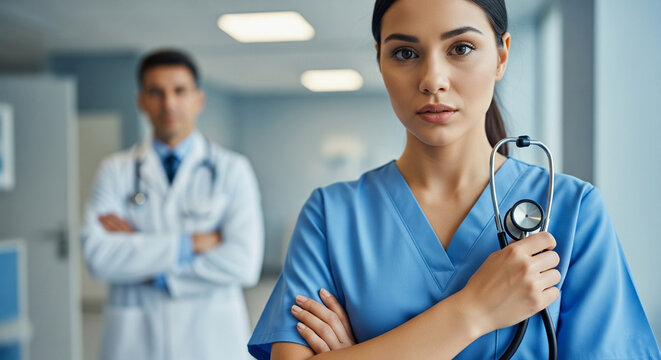 Serious female doctor in blue scrubs holding a stethoscope, with a male doctor in the blurred background, representing dedicated healthcare professionals