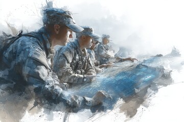 Four military personnel concentrate on a detailed map while strategizing at a command center. The atmosphere reflects focus and teamwork during a critical moment of planning.