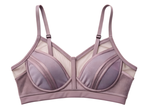Stylish lavender sports bra featuring mesh paneling and adjustable straps isolated on background for athletic lifestyles and comfort