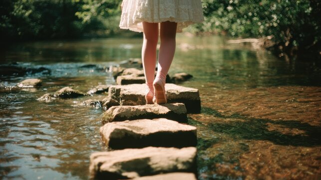 Serene Journey Across the Water: A person with bare feet delicately walks across a series of stepping stones, framed by lush greenery and water, evoking a sense of peace, harmony, and exploration.