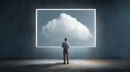 Fototapeta premium A person gazes at a cloud framed inside a dark room, symbolizing imagination and dreams.