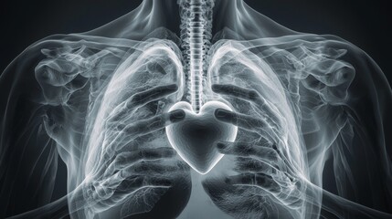 Realistic MRI scan of two human hands placed on a chest, forming a heart shape with their fingers at the exact location of the actual heart. The heart inside the chest is faintly visible, glowing slig