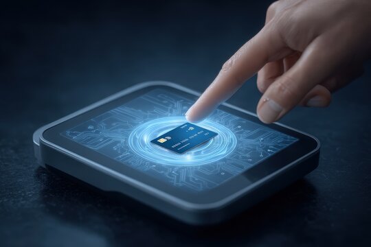 A hand interacts with a touchscreen displaying a virtual card interface. The futuristic design illustrates the concept of digital payments, showcasing circuit-like patterns and glowing elements. - Powered by Adobe