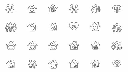 Set of Family and Home Icons in Line Style on White Background for Web and App