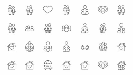 Family and Relationship Icon Set Line Art Depicting Love Home and Togetherness in Simple Design