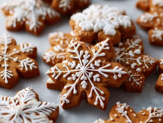 Decorated gingerbread cookies with white icing in intricate snowflake patterns