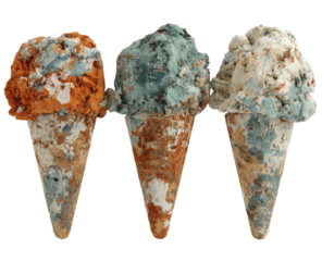 Three ice cream cones, each with a distinct, mottled flavor, appear aged and textured