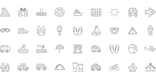 Collection of Summer Vacation and Travel Line Icons Including Beach Camping and Transportation
