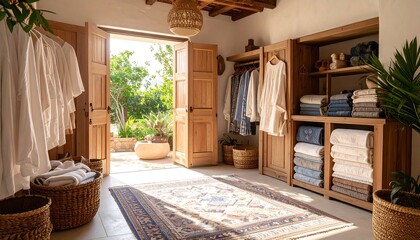 Sunlit Wardrobe with Clothes and View to Garden