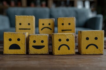 Colorful wooden blocks with different facial expressions are displayed on a rustic desk. The cheerful and sad faces convey a range of emotions, bringing a playful vibe to the setting.
