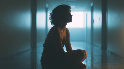 This person sits quietly in a dim hallway, lost in thoughts of guilt and pressure.