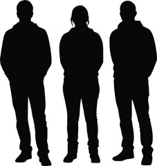 Silhouette of three standing individuals in a row facing forward in minimal style
