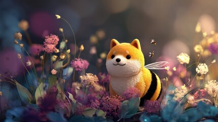 Shiba Inu Bee in the Garden: A whimsical illustration of a Shiba Inu dressed as a bee, surrounded by vibrant flowers, embodies the joy of springtime, nature's charm, and childlike wonder.
