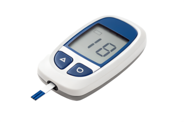A professional real-life photograph of a modern digital glucometer used for diabetes management, showing a blood sugar level on an isolated white background.