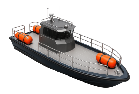 Rescue vessel with a large open deck and visible life rafts