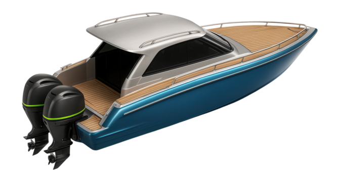 Sporty cabin speedboat with dual outboard engines and a sloping roofline