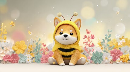 Adorable Bee-Themed Puppy: A delightful and endearing puppy, adorned in a charming bee-themed costume, sits amidst a colorful array of flowers and playful butterflies.