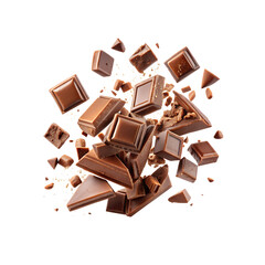 A variety of chocolate pieces are scattered on an isolated on transparent background