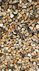 Wall of stacked hardwood firewood, firewood texture.