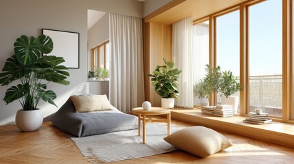 Minimalist living room corner with plants, sunlight, and modern furniture design
