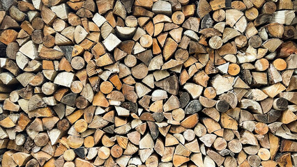 Wall of stacked hardwood firewood, firewood texture.