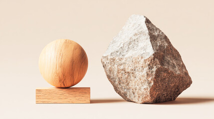A mockup of two simple objects, one is made out of wood and the other is made from rock