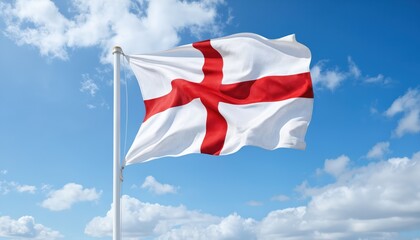 England flag waves in blue sky with clouds. Red and white St Georges Cross on fabric. British national symbol. Bright daylight with wind, representing pride, identity, culture, heritage, history.