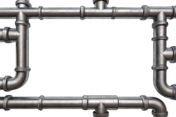 Industrial metal pipe frame with joints, isolated on transparent cutout background