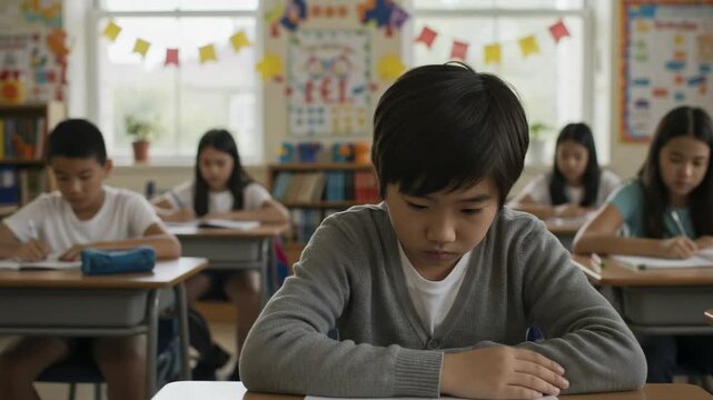 Sad Asian elementary school boy struggling with a difficult test in a classroom. Student feeling stressed and anxious during an exam.