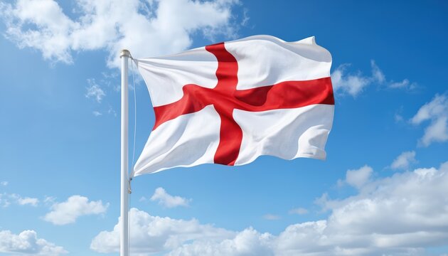 England flag waves in blue sky with clouds. Red and white St Georges Cross on fabric. British national symbol. Bright daylight with wind, representing pride, identity, culture, heritage, history.