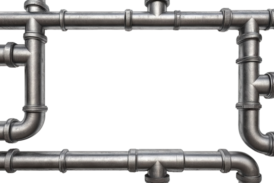 Industrial metal pipe frame with joints, isolated on transparent cutout background