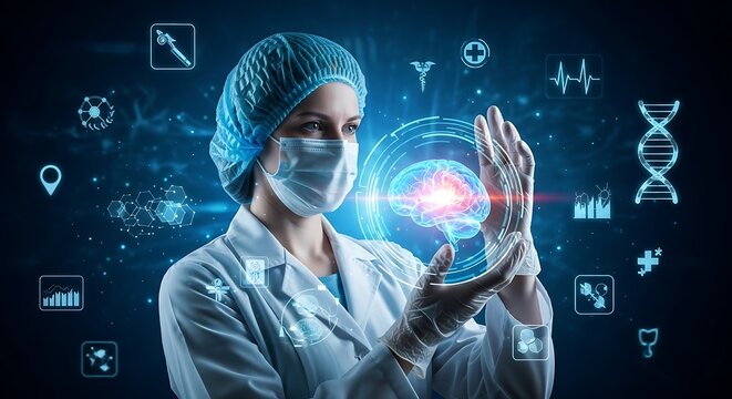 Female doctor in medical attire interacting with a holographic brain surrounded by medical icons in a dark setting