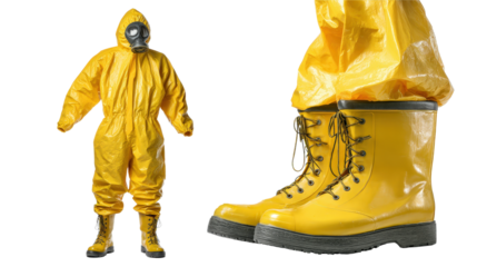 Chemical protective suit with attached gloves and boots background isolated on a Transparent background, PNG file.