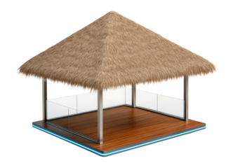 Floating bungalow with a thatched roof and open-air living area