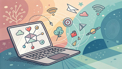 “Flat style hand-drawn illustration of a laptop with floating app icons around it, abstract background—no text.”

